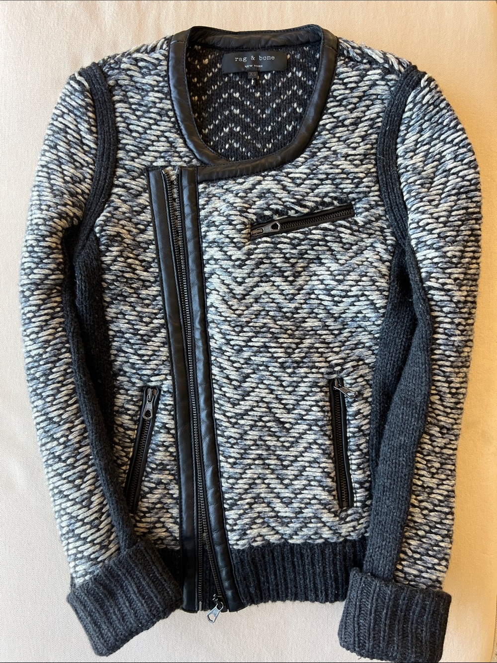 rag & bone Samantha Knit Tweed Charcoal Wool Lamb Leather Trim Jacket - Picture 2 of 12